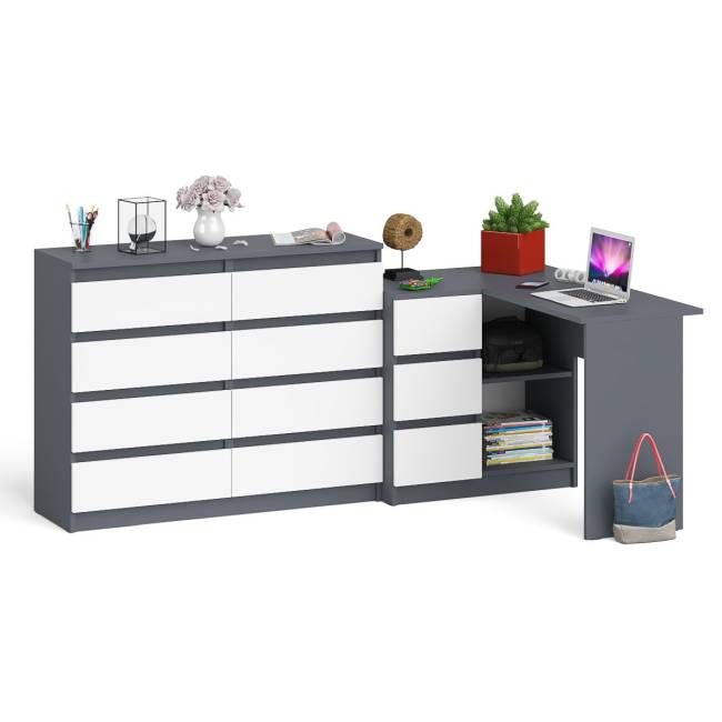 Стол компьютерный МС-16 левый с комодом МК1200 8-мь ящиков Мори цвет графит/белый