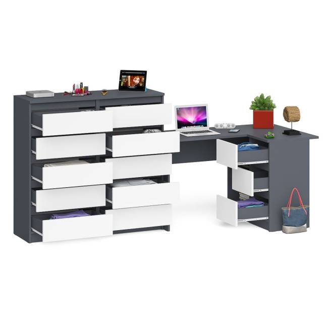 Стол компьютерный МС-16 с тумбой справа и высокий комод на 10-ть ящиков Мори цвет графит/белый