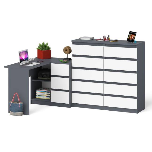 Стол компьютерный МС-16 с тумбой справа и высокий комод на 10-ть ящиков Мори цвет графит/белый