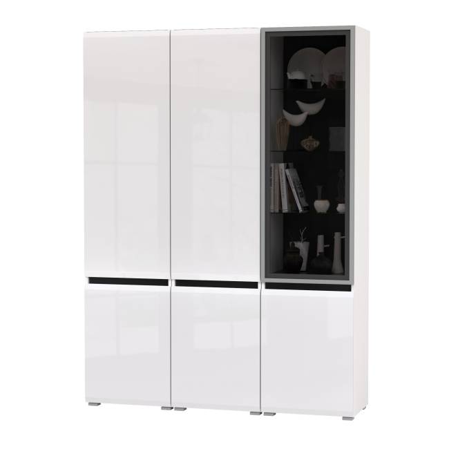 Набор шкафов в гостиную Сидней из двух шкафов13.200 и одного шкаф-витрины 13.201 цвет белый/чёрный/МДФ белый глянец