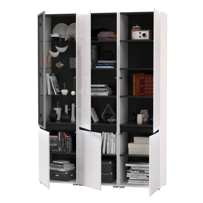 Набор шкафов в гостиную Сидней из двух шкафов13.200 и одного шкаф-витрины 13.201 цвет белый/чёрный/МДФ белый глянец