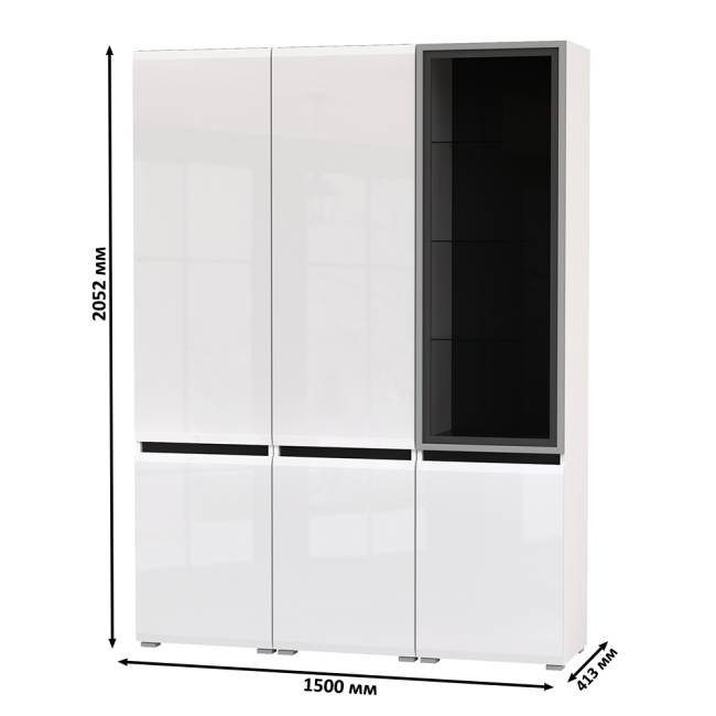 Набор шкафов в гостиную Сидней из двух шкафов13.200 и одного шкаф-витрины 13.201 цвет белый/чёрный/МДФ белый глянец