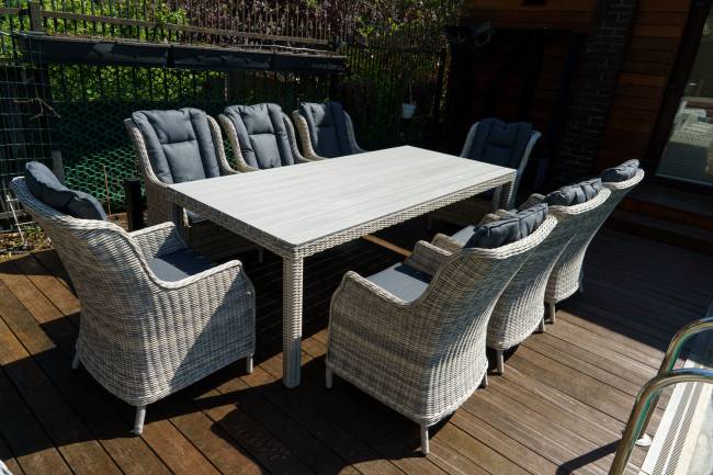 Набор мебели: ВЕНЕЦИЯ 230 обед. стол + 8 кресел БЕРГАМО, серый