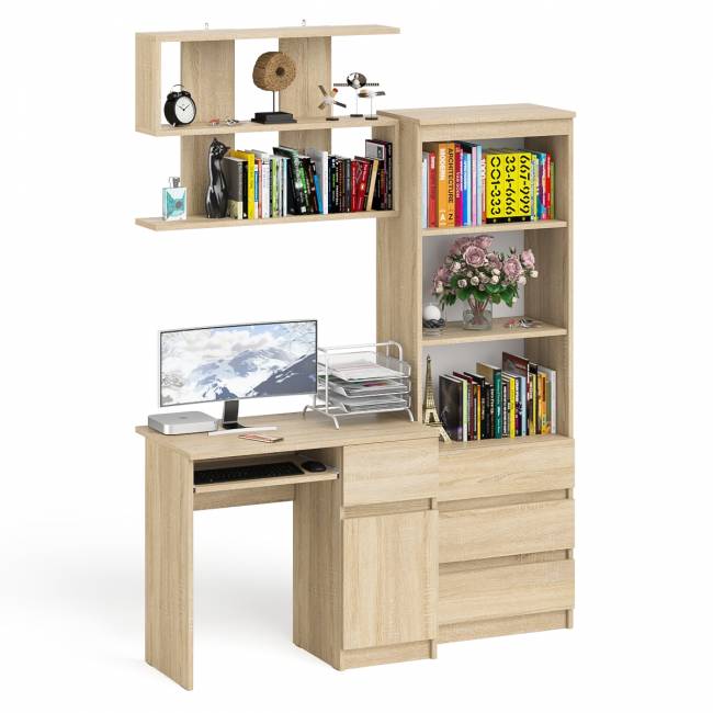 Стол компьютерный Мори МС-1 правый с навесной полкой и стеллаж-комодом 600.3 цвет дуб сонома