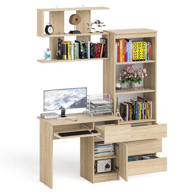 Стол компьютерный Мори МС-1 правый с навесной полкой и стеллаж-комодом 600.3 цвет дуб сонома