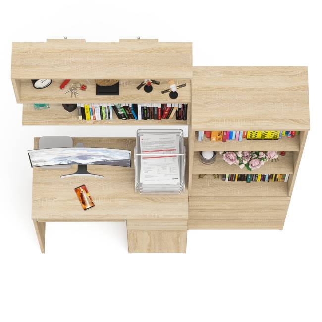 Стол компьютерный Мори МС-1 правый с навесной полкой и стеллаж-комодом 600.3 цвет дуб сонома