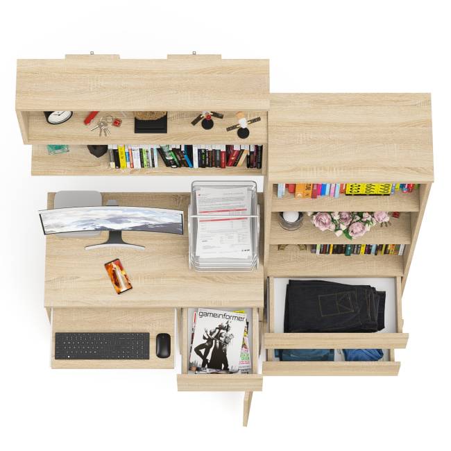 Стол компьютерный Мори МС-1 правый с навесной полкой и стеллаж-комодом 600.3 цвет дуб сонома