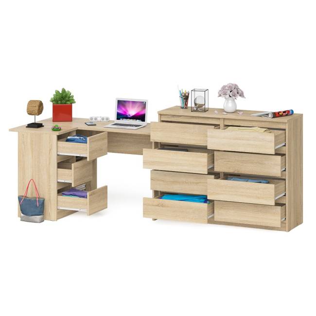 Стол компьютерный МС-16 левый с комодом МК1200 8-мь ящиков Мори цвет дуб сонома