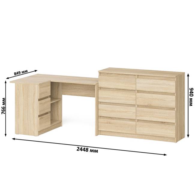 Стол компьютерный МС-16 левый с комодом МК1200 8-мь ящиков Мори цвет дуб сонома