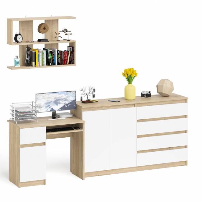 Стол компьютерный дверка и выдвижной ящик слева с комодом МК1600.1 и полкой Мори 900 цвет дуб сонома/белый