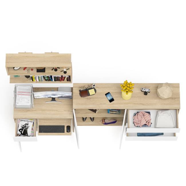 Стол компьютерный дверка и выдвижной ящик слева с комодом МК1600.1 и полкой Мори 900 цвет дуб сонома/белый