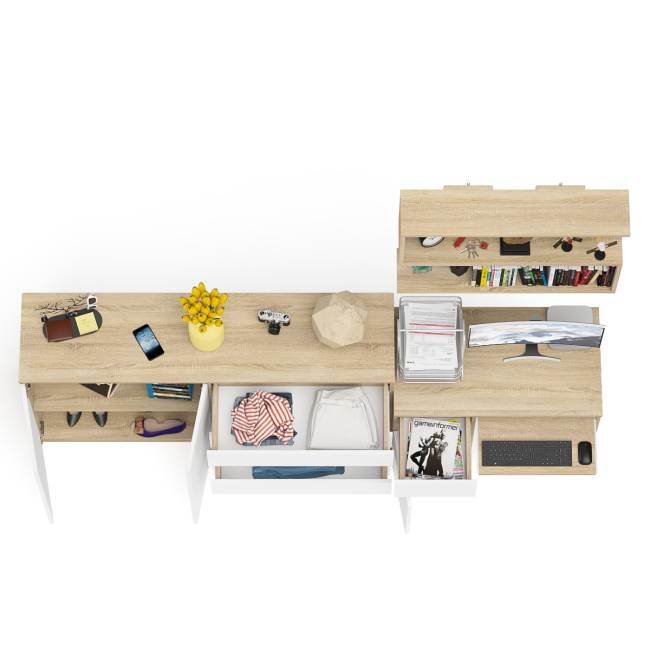 Стол компьютерный дверка и выдвижной ящик слева с комодом МК1600.1 и полкой Мори 900 цвет дуб сонома/белый