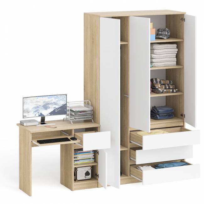 Компьютерный стол с тумбой с дверкой и ящиком правый и шкаф-комод Мори МШ1200-1 цвет дуб сонома/белый