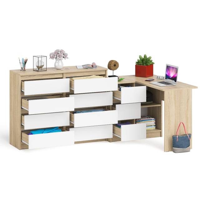 Стол компьютерный МС-16 левый с комодом МК1200 8-мь ящиков Мори цвет дуб сонома/белый
