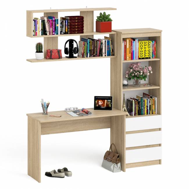 Стеллаж-комод Мори с письменным столом на 1200 и навесной полкой на 1200 цвет дуб сонома/белый