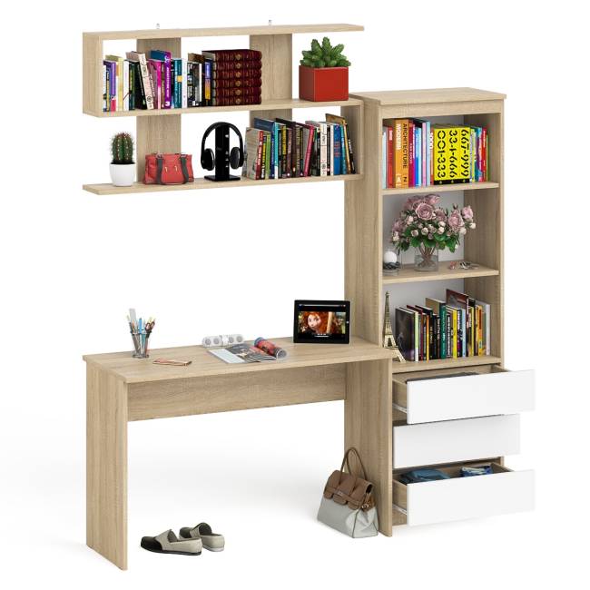 Стеллаж-комод Мори с письменным столом на 1200 и навесной полкой на 1200 цвет дуб сонома/белый