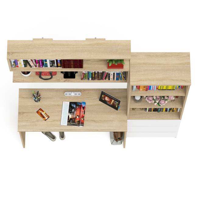 Стеллаж-комод Мори с письменным столом на 1200 и навесной полкой на 1200 цвет дуб сонома/белый