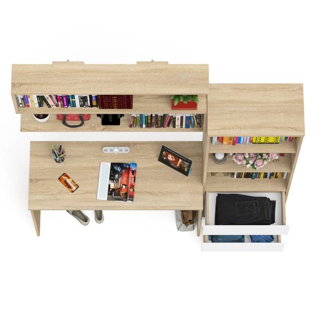 Стеллаж-комод Мори с письменным столом на 1200 и навесной полкой на 1200 цвет дуб сонома/белый