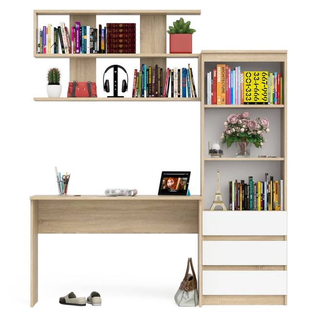 Стеллаж-комод Мори с письменным столом на 1200 и навесной полкой на 1200 цвет дуб сонома/белый