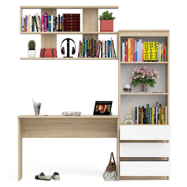 Стеллаж-комод Мори с письменным столом на 1200 и навесной полкой на 1200 цвет дуб сонома/белый