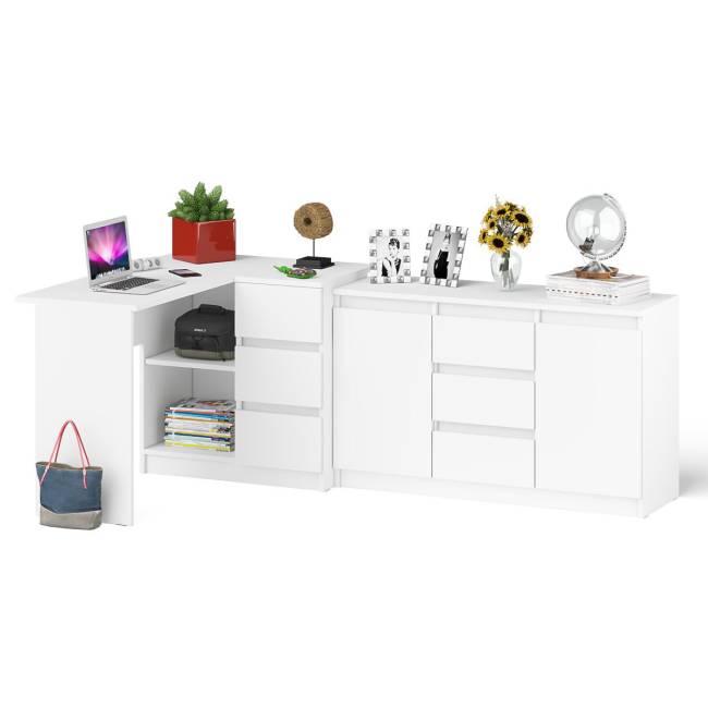 Комод-тумба три ящика и две дверки по бокам Мори МК1200.3 и компьютерный стол МС-16 правый цвет белый