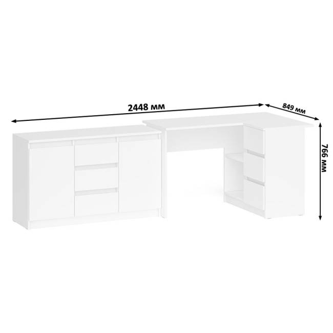 Комод-тумба три ящика и две дверки по бокам Мори МК1200.3 и компьютерный стол МС-16 правый цвет белый