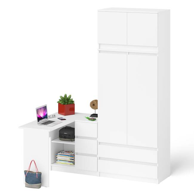 Угловой компьютерный стол - тумба справа со шкафом-комодом и антресолью Мори цвет белый