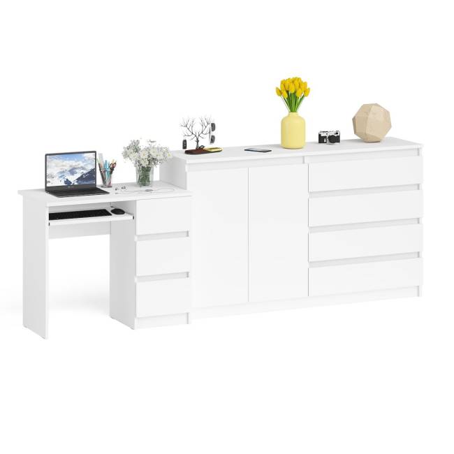 Комод-тумба Мори МК1600 четыре ящика и дверки со столом компьютерным МС-6 тумба справа цвет белый