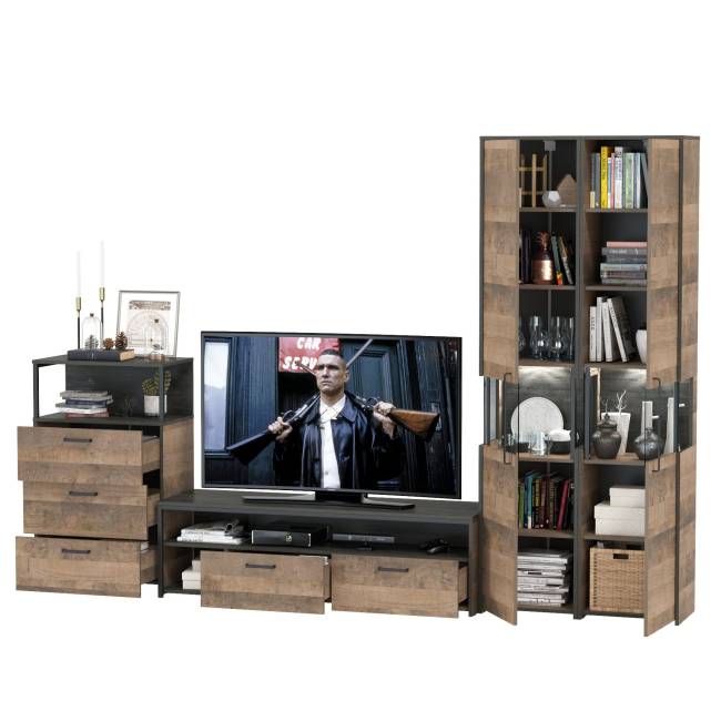 Гостиная с подсветкой Трувор № 40 дизайн в стиле лофт цвет дуб гранж песочный/интра