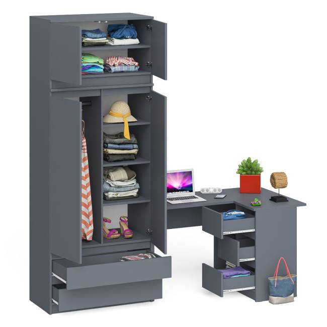 Угловой компьютерный стол - тумба справа со шкафом-комодом и антресолью Мори цвет графит
