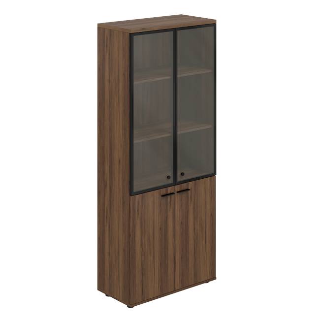 WN.701.DM.DM.BL / Шкаф высокий 800х400х1955 со стеклом , з.ст HDF  / дуб модена, алюминиевый черный профиль , стекло тонированное серое