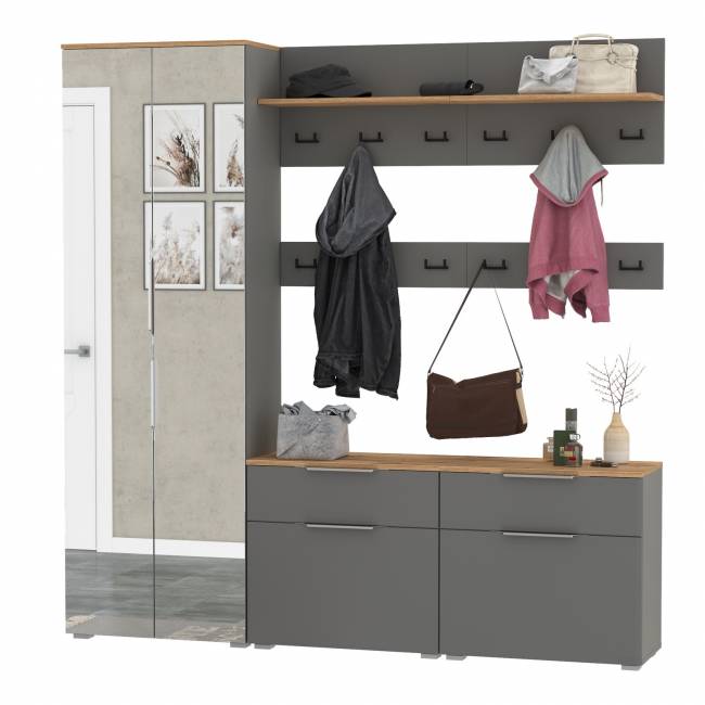 Шкаф для верхней одежды двери зеркало с обувницами и вешалками Октава цвет серый графит/дуб крафт золотой