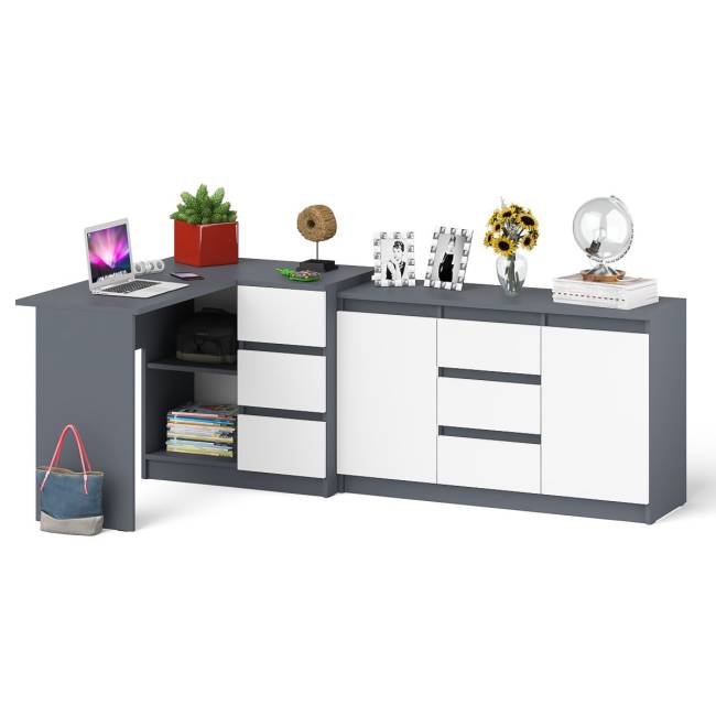 Комод-тумба три ящика и две дверки по бокам Мори МК1200.3 и компьютерный стол МС-16 правый цвет графит/белый