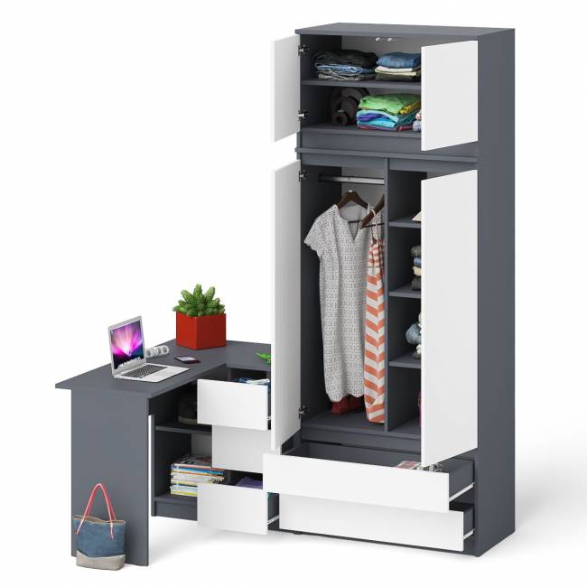 Угловой компьютерный стол - тумба справа со шкафом-комодом и антресолью Мори цвет графит/белый