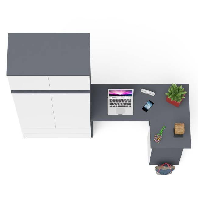 Угловой компьютерный стол - тумба справа со шкафом-комодом и антресолью Мори цвет графит/белый