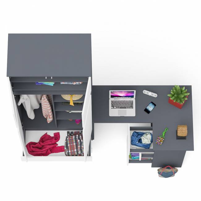 Угловой компьютерный стол - тумба справа со шкафом-комодом и антресолью Мори цвет графит/белый