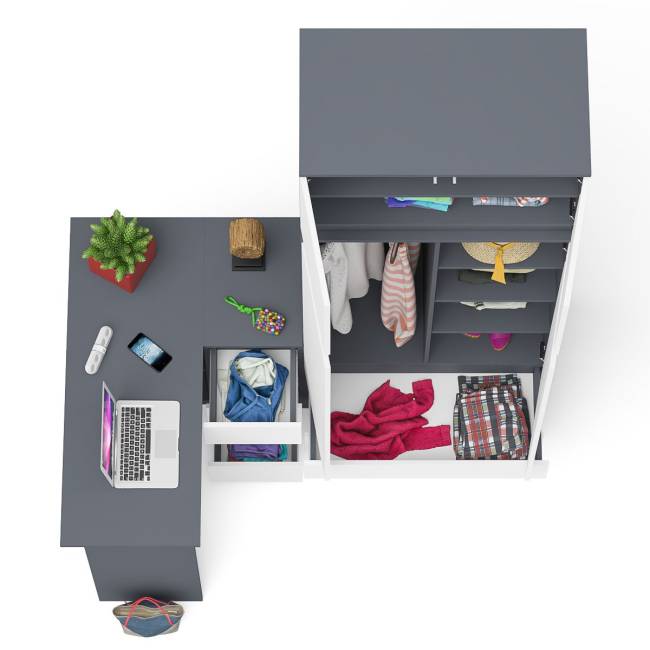 Угловой компьютерный стол - тумба справа со шкафом-комодом и антресолью Мори цвет графит/белый