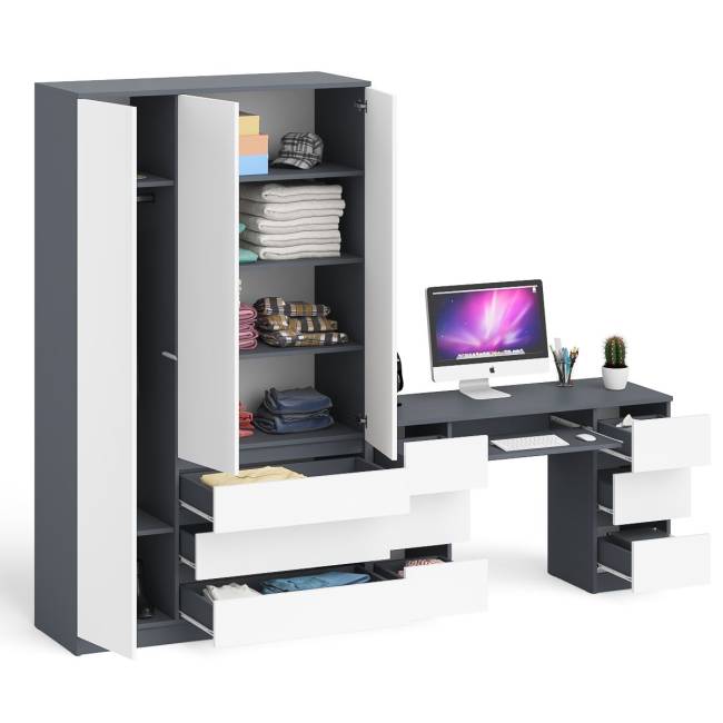 Стол компьютерный 2-х тумбовый со шкафом-комодом МШ1200 Мори цвет графит/белый