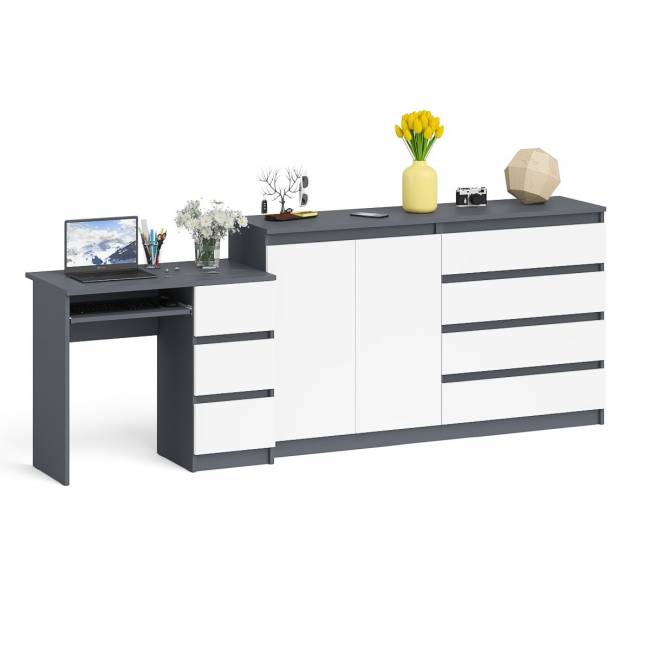 Комод-тумба Мори МК1600 четыре ящика и дверки со столом компьютерным МС-6 тумба справа цвет графит/белый