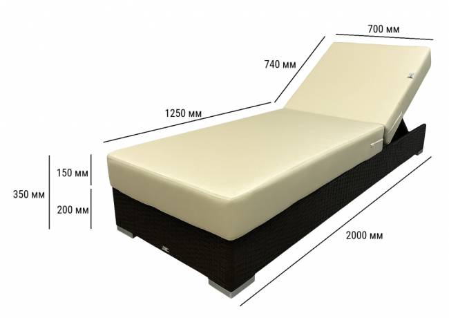 Шезлонг-лежак плетеный с матрасом Mantera коричневый люкс, светло-бежевый 2000х700х350 мм