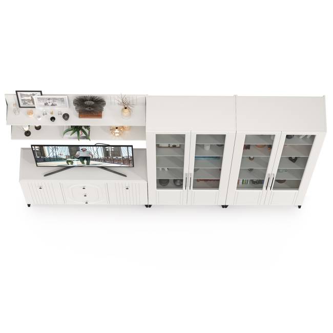 Тумба-комод с двумя навесными полками и шкаф четыре стеклянных двери Валенсия цвет белый шагрень