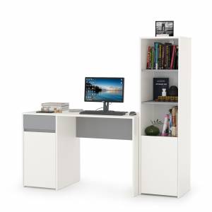 Письменный стол со стеллажом Торонто цвет белый шагрень/стальной серый