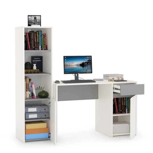 Письменный стол со стеллажом Торонто цвет белый шагрень/стальной серый