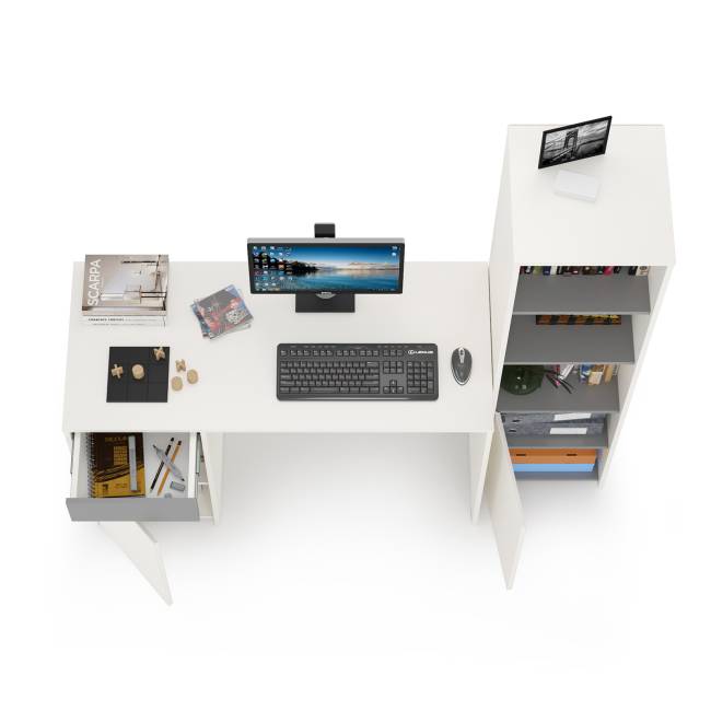 Письменный стол со стеллажом Торонто цвет белый шагрень/стальной серый