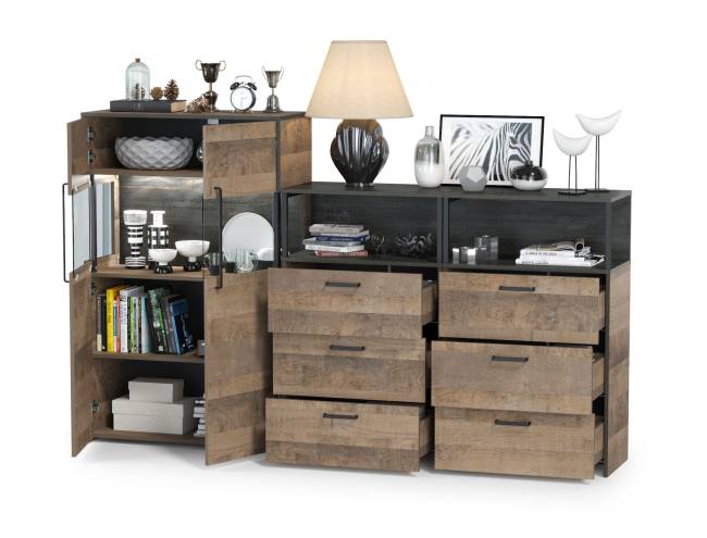 Комод с витриной с подсветкой с двумя комодами с ящиками Трувор цвет дуб гранж песочный/интра