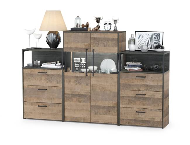 Комод с витриной с подсветкой с двумя комодами с ящиками Трувор цвет дуб гранж песочный/интра