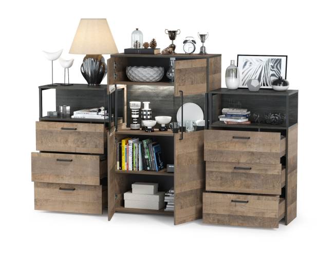 Комод с витриной с подсветкой с двумя комодами с ящиками Трувор цвет дуб гранж песочный/интра