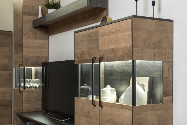 Комод с витриной с подсветкой с двумя комодами с ящиками Трувор цвет дуб гранж песочный/интра