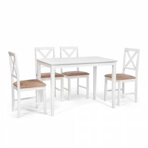 Обеденный комплект Хадсон (стол + 4 стула)/ Hudson Dining Set дерево гевея/мдф, стол: 110х70х75см / стул: 44х42х89см, pure white (белый 2-1), ткань кор.-зол.(1505 pure white (белый 2-1) дерево гевея/мдф