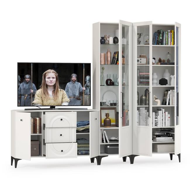 Широкий сервант и комод под ТВ-аппаратуру Валенсия цвет белый шагрень